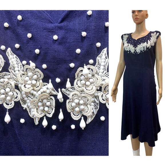 Vintage 1950s Dark Blue Linen Dress w Floral Lace Rhinestone & Bead Trim | M - Picture 2 of 10